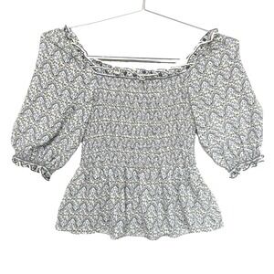 Max Studio Peplum Cottage Off Shoulder Smocked Ruffle Trim Ditsy Top Womens XL